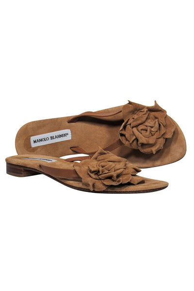 Current Boutique-Manolo Blahnik - Beige Suede Thong Sandals w/ Rosette Design Sz 7