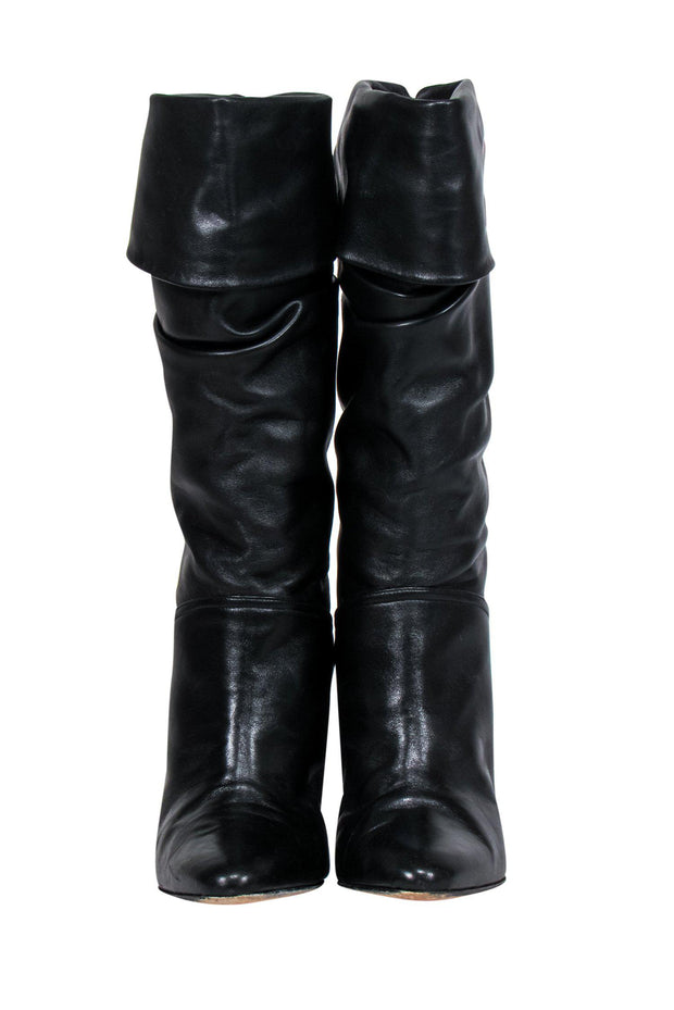 Current Boutique-Manolo Blahnik - Black Leather Fold Over Tall Heeled Boots Sz 10