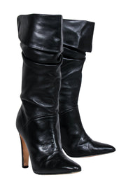 Current Boutique-Manolo Blahnik - Black Leather Fold Over Tall Heeled Boots Sz 10