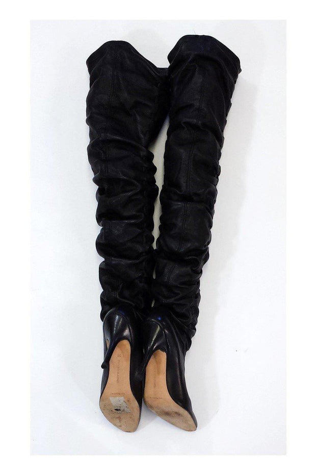 Current Boutique-Manolo Blahnik - Black Leather Gathered Knee High Boots Sz 5.5