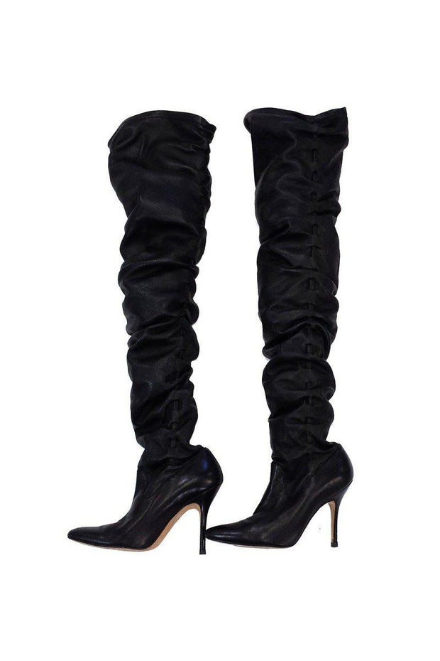 Current Boutique-Manolo Blahnik - Black Leather Gathered Knee High Boots Sz 5.5