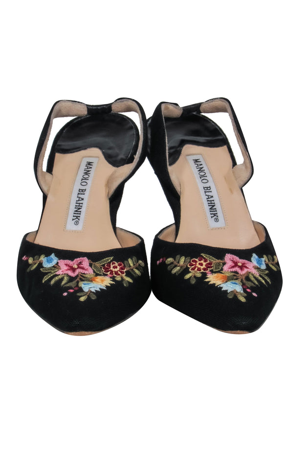 Current Boutique-Manolo Blahnik - Black Multi-Color Floral Embroidery Slingback Heel Sz 7