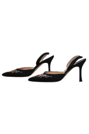 Current Boutique-Manolo Blahnik - Black Multi-Color Floral Embroidery Slingback Heel Sz 7