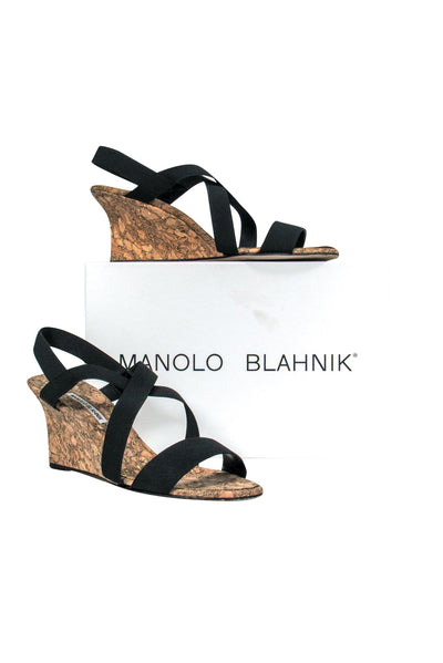 Current Boutique-Manolo Blahnik - Black Strappy Cork Wedges Sz 11