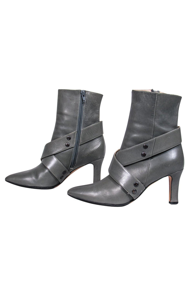 Current Boutique-Manolo Blahnik - Grey Green Leather Booties Sz 7