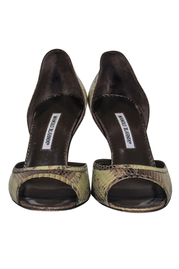 Current Boutique-Manolo Blahnik - Light Green & Brown Snakeskin Peep Toe Pumps Sz 10