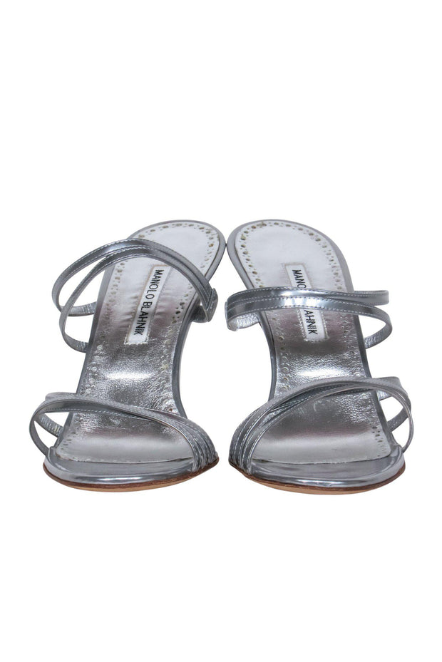 Current Boutique-Manolo Blahnik - Silver Leather Strappy Mule Heels Sz 11