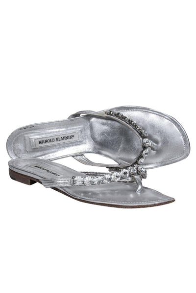 Current Boutique-Manolo Blahnik - Silver Leather Thong Sandals w/ Rhinestones Sz 10.5
