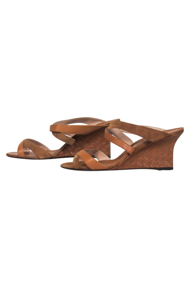 Current Boutique-Manolo Blahnik - Tan Leather & Suede Strappy Wedges w/ Bronze Printed Wedge Sz 8.5