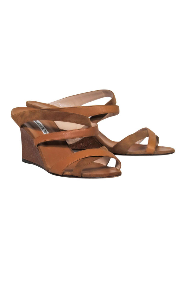 Current Boutique-Manolo Blahnik - Tan Leather & Suede Strappy Wedges w/ Bronze Printed Wedge Sz 8.5