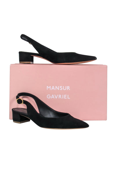 Current Boutique-Mansur Gavriel - Black Suede Pointed Toe Slingback Kitten Heels Sz 6