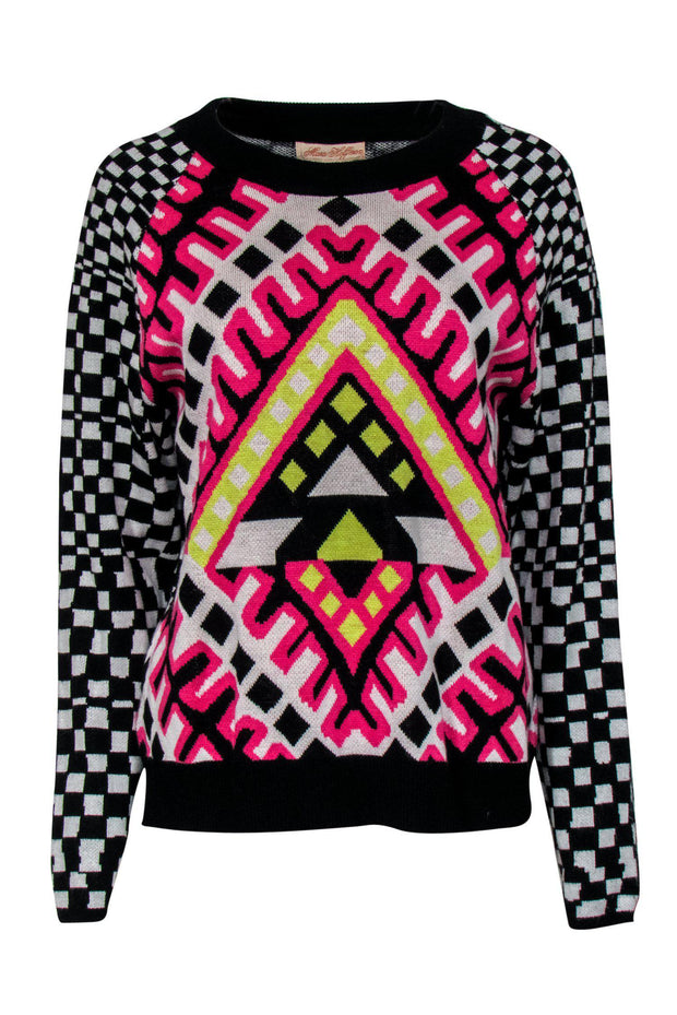 Current Boutique-Mara Hoffman - Black, Neon Pink & Yellow Printed Sweater Sz L