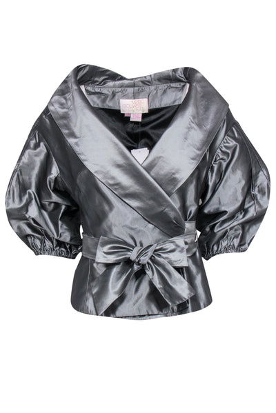 Current Boutique-Marc Bouwer - Silver Silk Puff Sleeve Wrap Jacket Sz M