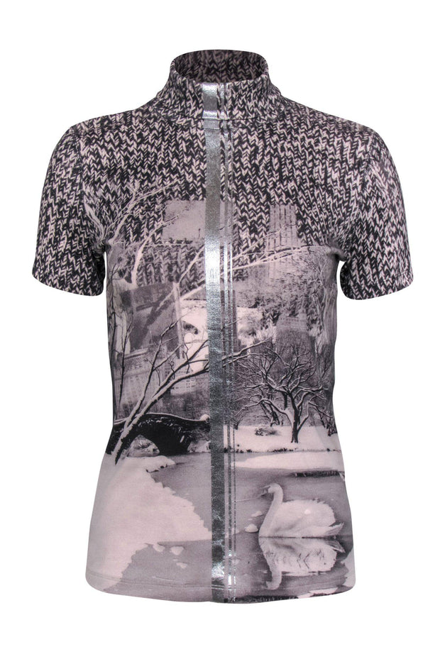 Current Boutique-Marc Cain - Grey Central Park Print Short Sleeve Turtleneck Sweater Sz 8