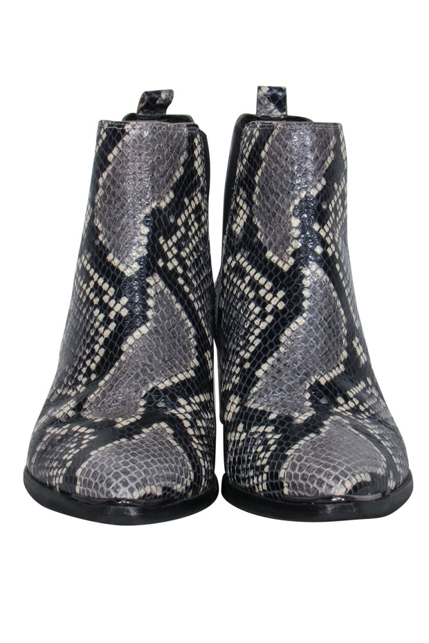 Current Boutique-Marc Fisher - Grey & Black Leather Snakeskin Print Block Heel Booties Sz 6
