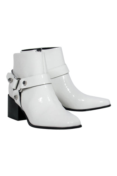 Current Boutique-Marc Fisher - White Patent Leather Heeled Booties w/ Buckle Design Sz 8.5