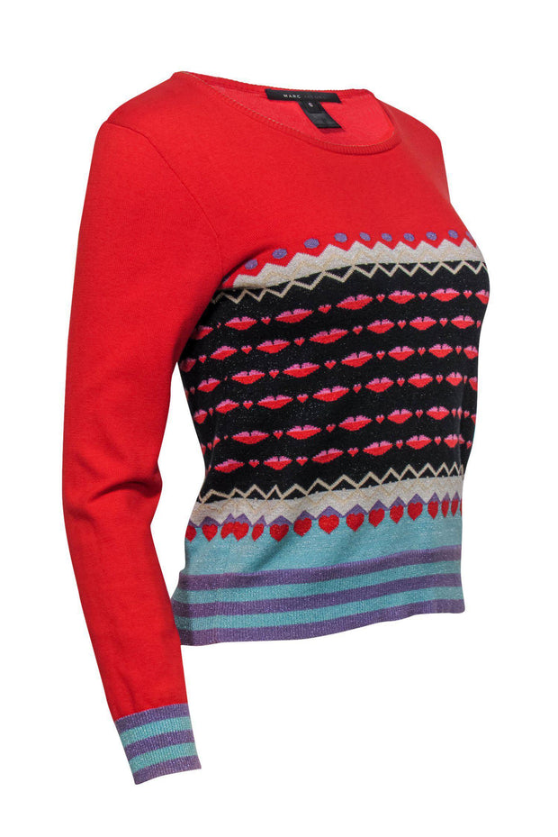Current Boutique-Marc Jacobs - Red & Multicolor Shimmery Lip & Heart Print Sweater Sz S
