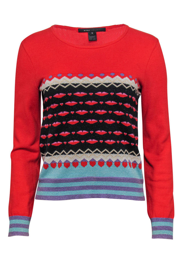 Current Boutique-Marc Jacobs - Red & Multicolor Shimmery Lip & Heart Print Sweater Sz S