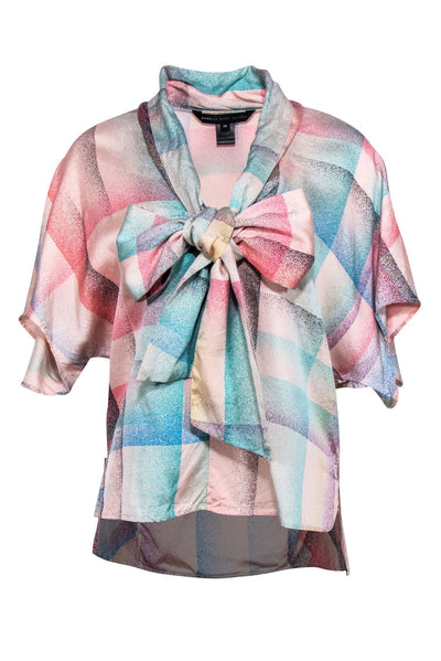 Current Boutique-Marc by Marc Jacobs - Multicolored Pastel Plaid Short Sleeve Silk Blouse w/ Neck Tie Sz XS