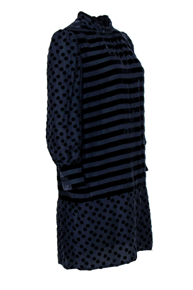 Current Boutique-Marc by Marc Jacobs - Navy Velvet Polka Dot & Striped Long Sleeve Shift Dress Sz 10