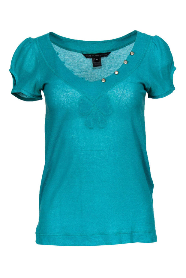 Current Boutique-Marc by Marc Jacobs - Teal Short Sleeve Top w/ Decorative Buttons Sz XS