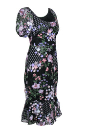 Current Boutique-Marchesa Notte - Black Puff Sleeve Mesh Midi Dress w/ Floral Embroidery & Appliques Sz 6