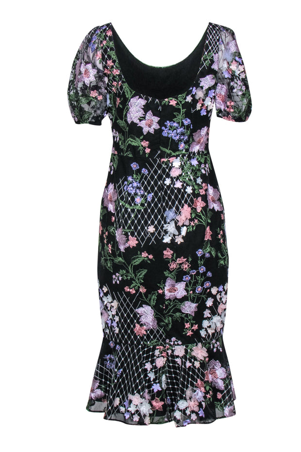 Current Boutique-Marchesa Notte - Black Puff Sleeve Mesh Midi Dress w/ Floral Embroidery & Appliques Sz 6