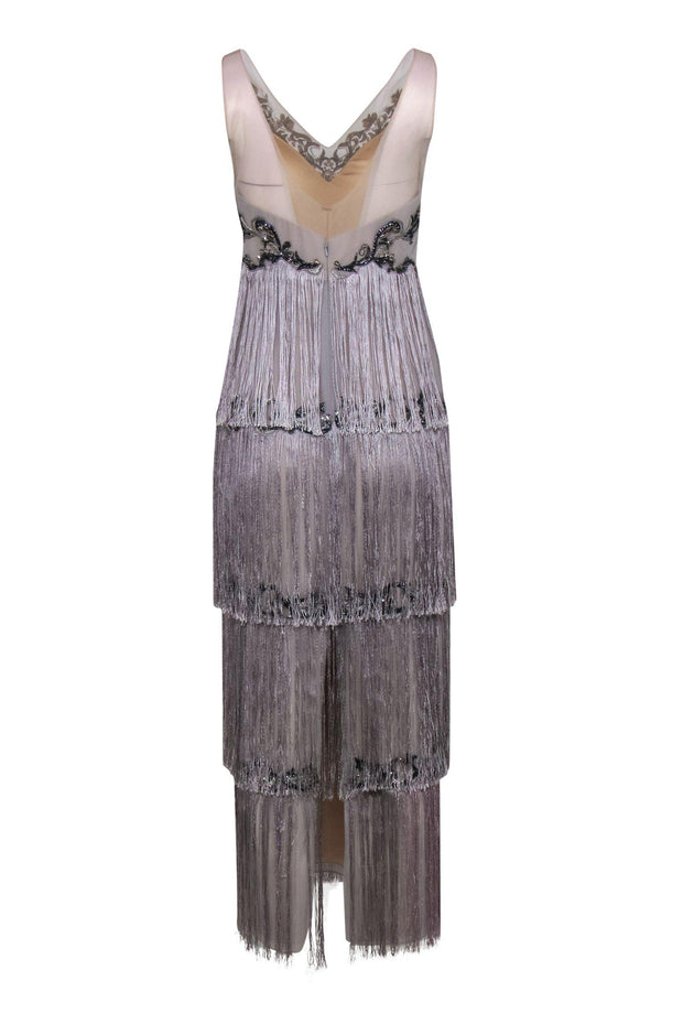 Current Boutique-Marchesa Notte - Grey Sleeveless Gown w/ Sequin, Beaded & Fringe Trim Sz 8