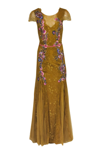 Current Boutique-Marchesa Notte - Mustard Lace Maxi Dress w/ Floral Embroidery & Beading Sz 14