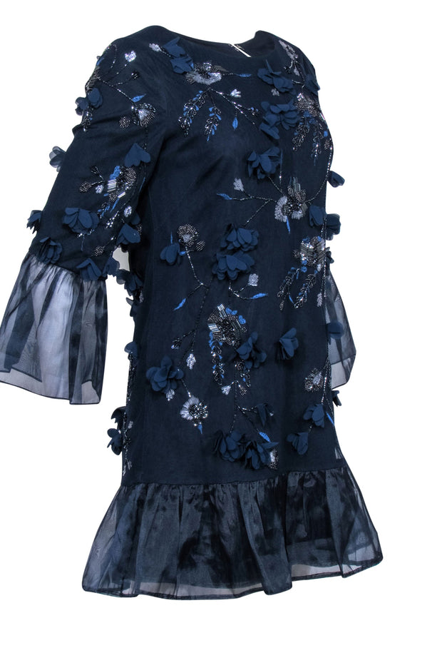 Current Boutique-Marchesa Notte - Navy Beaded Long Sleeve Dress w/ Applique Sz 4