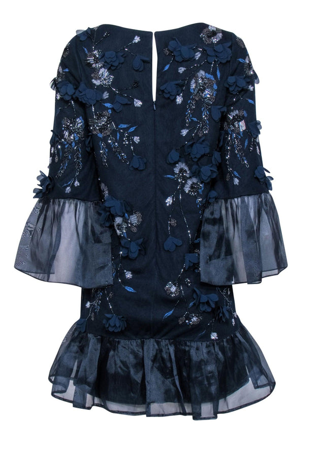 Current Boutique-Marchesa Notte - Navy Beaded Long Sleeve Dress w/ Applique Sz 4