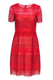 Current Boutique-Marchesa Notte - Red Lace Short Sleeve A-Line Dress Sz 6