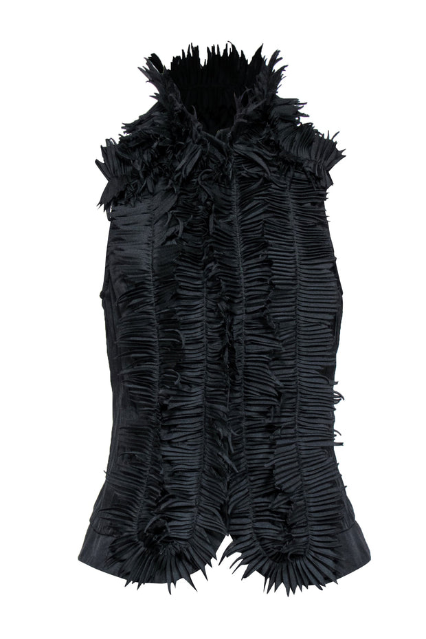 Current Boutique-Marie Saint Pierre - Black Pleated Front Zip Vest w/ Ruffle Collar & Zipper Trim Sz 4