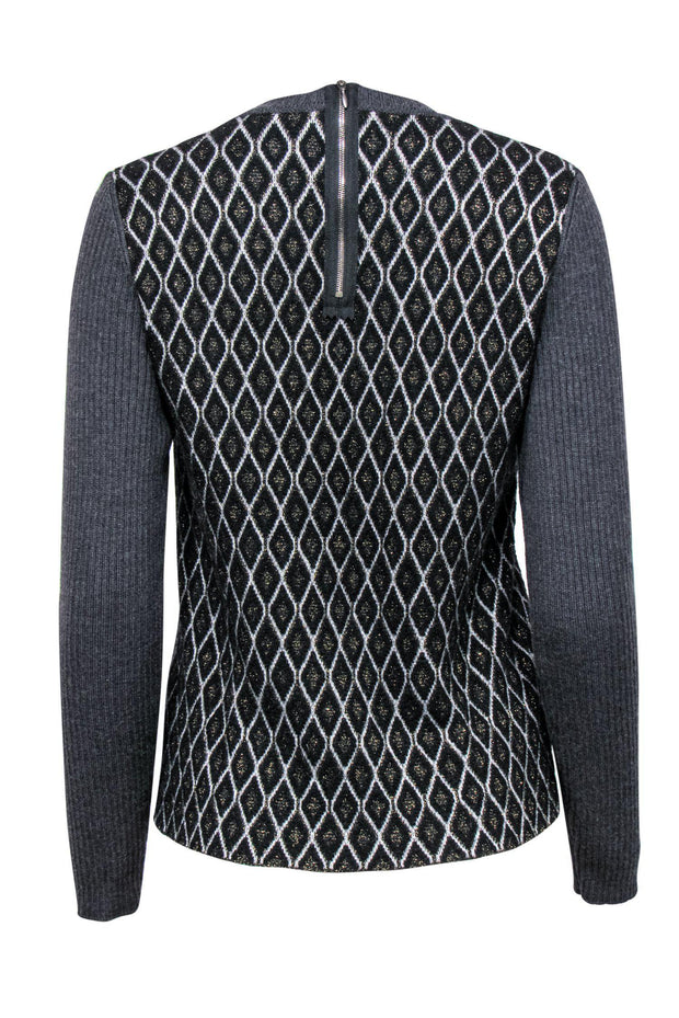 Current Boutique-Marni - Grey, Black & White Triangle Print Sweater w/ Gold Details Sz S