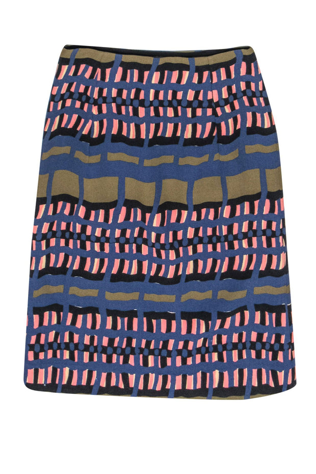 Current Boutique-Marni - Navy, Olive & Peach Geometric Print Wool Midi Skirt Sz 4