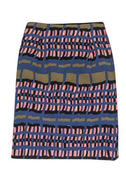 Current Boutique-Marni - Navy, Olive & Peach Geometric Print Wool Midi Skirt Sz 4
