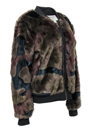 Current Boutique-Marrakech - Olive, Black & Brown Camouflage Print Faux Fur Zip-Up Bomber Coat Sz L