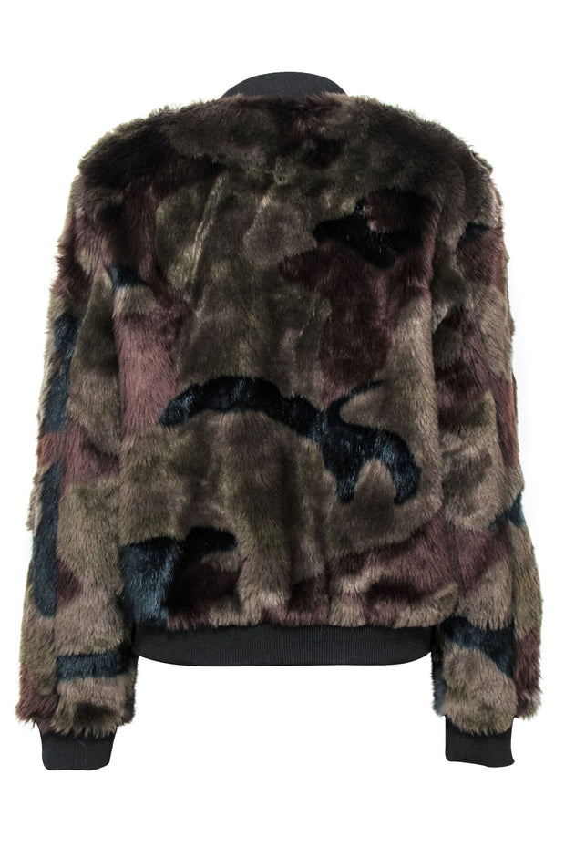 Current Boutique-Marrakech - Olive, Black & Brown Camouflage Print Faux Fur Zip-Up Bomber Coat Sz L