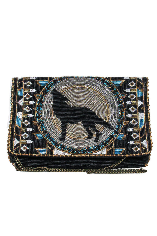 Current Boutique-Mary Frances - Black Beaded Wolf Print Crossbody