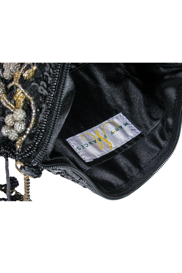 Current Boutique-Mary Frances - Black Sequin & Beaded Floral Crossbody w/ Fringe