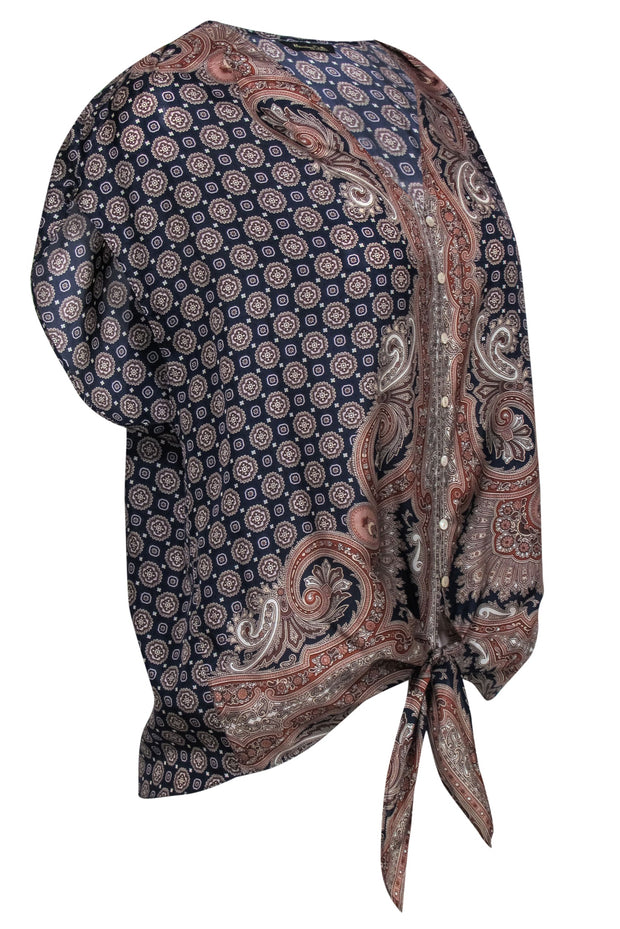 Current Boutique-Massimo Dutti - Navy & Tan Bohemian Print Button-Up Silk Blouse Sz 8