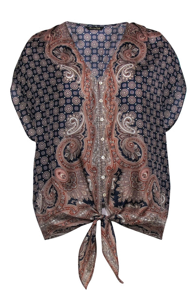Current Boutique-Massimo Dutti - Navy & Tan Bohemian Print Button-Up Silk Blouse Sz 8