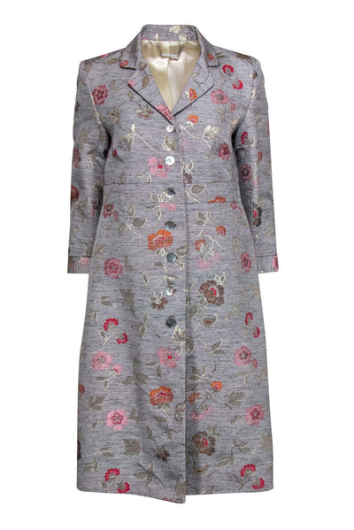 Current Boutique-Matthew Williamson - Gray Embroidered Floral Longline Coat Sz 12