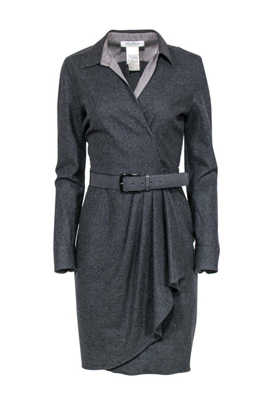 Current Boutique-Max Mara - Grey Wool Blend Long Sleeve Sheath Dress w/ Belt Sz 10