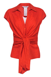 Current Boutique-Max Mara - Orange Cap Sleeve Tied Button-Up Linen Blouse Sz 8
