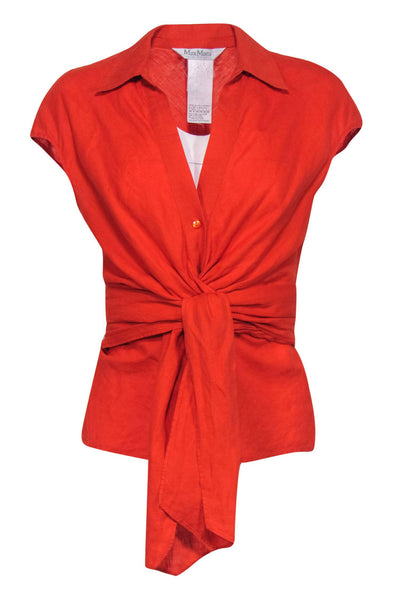 Current Boutique-Max Mara - Orange Cap Sleeve Tied Button-Up Linen Blouse Sz 8
