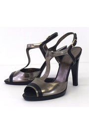 Current Boutique-Max Mara - Pewter Metallic Leather T-Strap Heels Sz 9