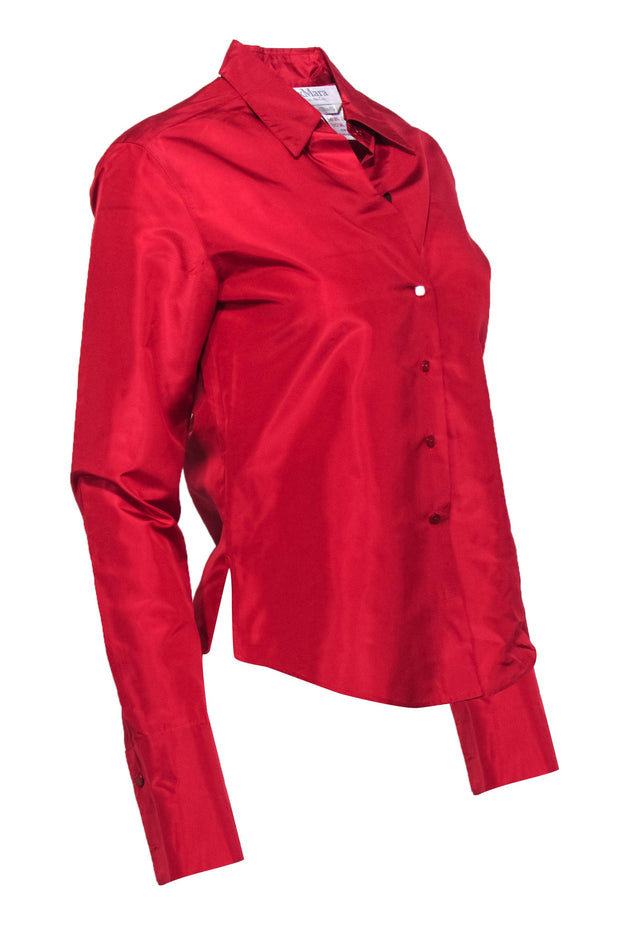 Current Boutique-Max Mara - Red Structured Silk Collared Button-Up Blouse Sz 2