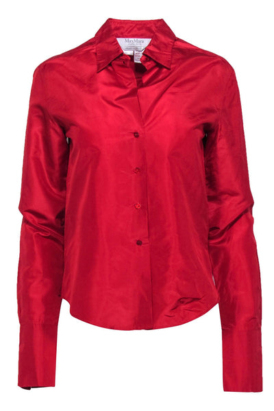 Current Boutique-Max Mara - Red Structured Silk Collared Button-Up Blouse Sz 2