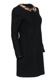 Current Boutique-McGinn - Black Long Sleeve Wool Blend Sheath Dress w/ Leopard Print Collar Sz 6